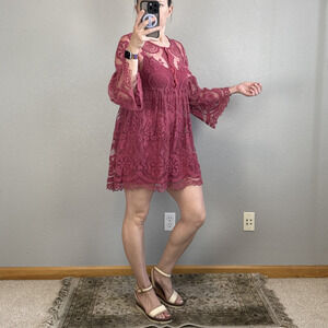 Jens Pirate Booty Free People El Sol Dark Rose Lace Babydoll Mini Dress Size S